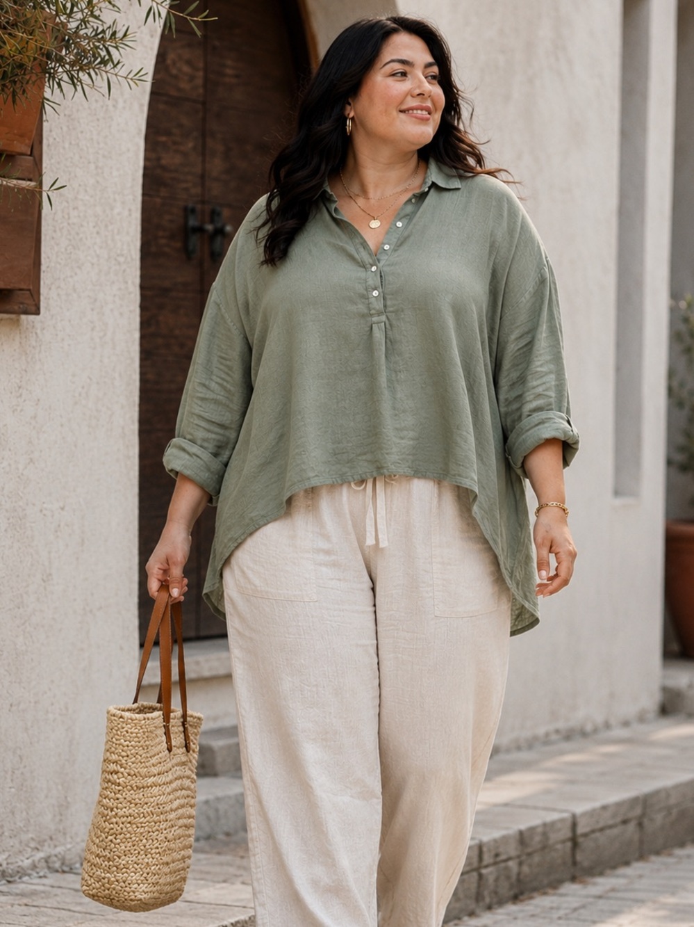 JNY Jones New York Linen Tunic Top Sage Green 3X Lagenlook Coastal